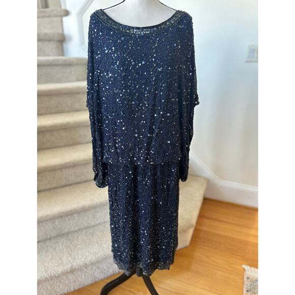 Patra Navy Beaded Silk Draped Scoop Neck Cocktail Dress - Picture 1 of 9